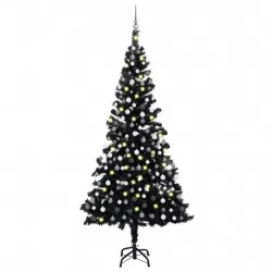 Изкуствена коледна елха с LED и комплект топки черна 210 см PVC 