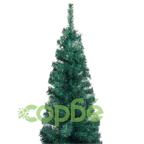 Тънка изкуствена коледна елха с LED и стойка зелена 180 см PVC ➤ топ цена ➤ sorbe.bg