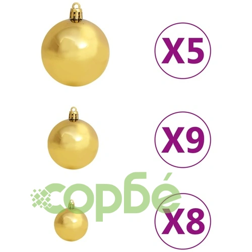 Тънка изкуствена коледна елха с LED и топки, зелена, 150 см ➤ топ цена ➤ sorbe.bg