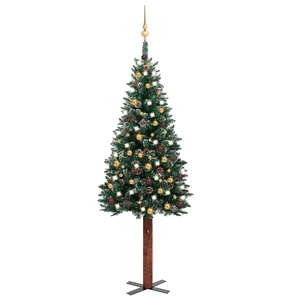 Тънка коледна елха с LED и комплект топки, зелена, 180 см