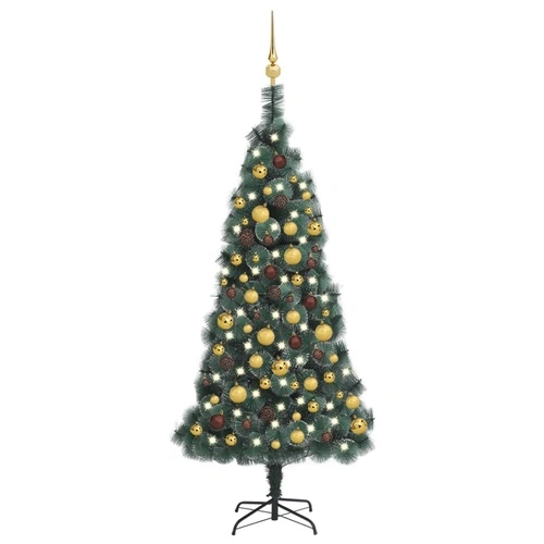 Изкуствена коледна елха, LED и топки, зелена, 150 см, PVC и PE ➤ топ цена ➤ sorbe.bg