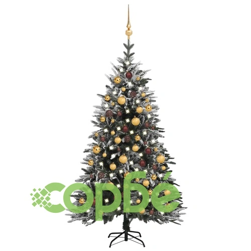 Изкуствена коледна елха с LED, топки и сняг, 150 см, PVC и PE ➤ топ цена ➤ sorbe.bg
