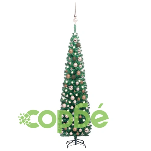 Тънка изкуствена коледна елха с LED и топки, зелена, 180 см ➤ топ цена ➤ sorbe.bg