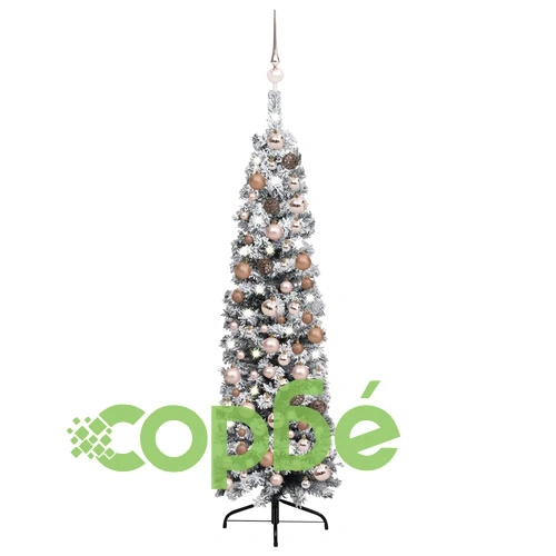 Тънка коледна елха с LED, топки и флокиран сняг, зелена, 120 см ➤ топ цена ➤ sorbe.bg