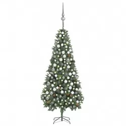 Изкуствена коледна елха с LED, топки и шишарки, бяла, 210 см