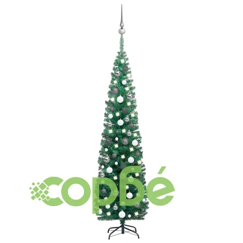 Тънка изкуствена коледна елха с LED и топки, зелена, 180 см ➤ топ цена ➤ sorbe.bg