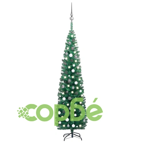 Тънка изкуствена коледна елха с LED и топки, зелена, 210 см ➤ топ цена ➤ sorbe.bg