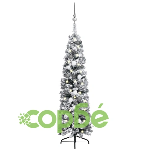 Тънка коледна елха с LED, топки и флокиран сняг, зелена, 120 см ➤ топ цена ➤ sorbe.bg