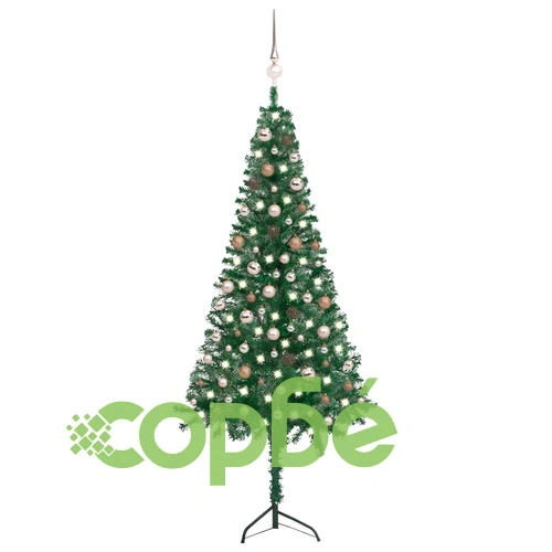 Ъглова изкуствена коледна елха с LED и топки зелена 210 см PVC  ➤ топ цена ➤ sorbe.bg