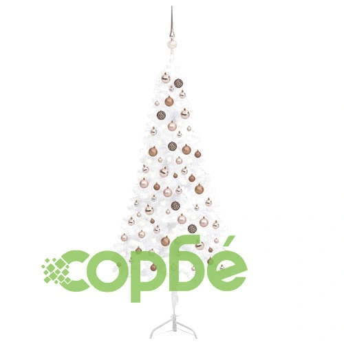Ъглова изкуствена коледна елха с LED и топки, бяла, 150 см, PVC  ➤ топ цена ➤ sorbe.bg