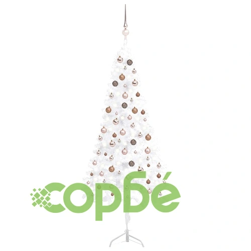 Ъглова изкуствена коледна елха с LED и топки, бяла, 210 см, PVC  ➤ топ цена ➤ sorbe.bg