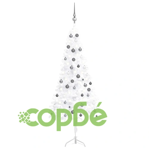 Ъглова изкуствена коледна елха с LED и топки бяла 180 см PVC ➤ топ цена ➤ sorbe.bg