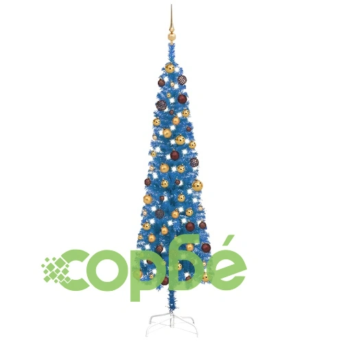 Тънка изкуствена осветена коледна елха с топки, синя, 180 см ➤ топ цена ➤ sorbe.bg