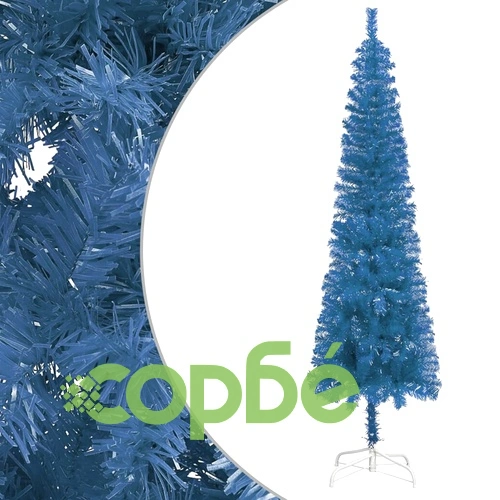 Тънка изкуствена осветена коледна елха с топки, синя, 210 см ➤ топ цена ➤ sorbe.bg