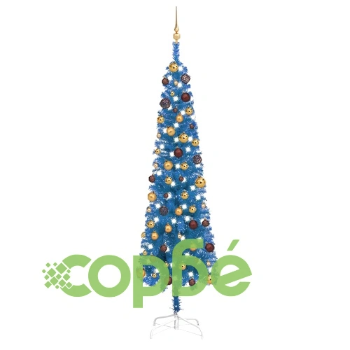 Тънка изкуствена осветена коледна елха с топки, синя, 240 см ➤ топ цена ➤ sorbe.bg