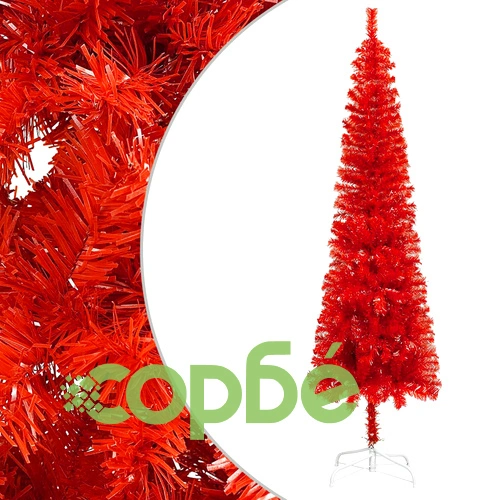 Тънка готова осветена коледна елха с топки, червена, 180 см ➤ топ цена ➤ sorbe.bg