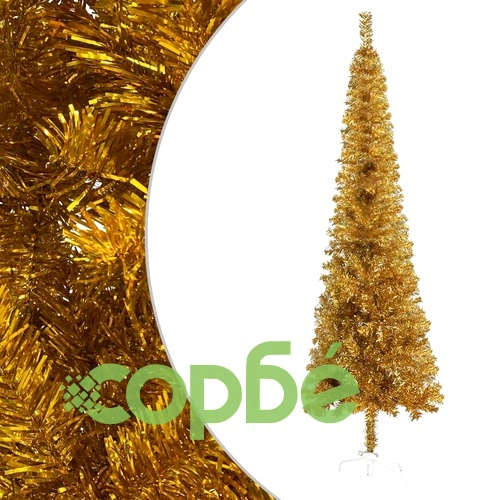 Тънка коледна елха с LED и комплект топки, златиста, 210 см ➤ топ цена ➤ sorbe.bg