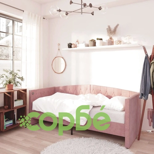 Дневно легло с матрак, USB, розово кадифе, 90х200 см ➤ топ цена ➤ sorbe.bg