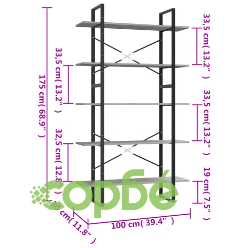 5-етажна библиотека бетонно сива 100x30x175 см инженерно дърво ➤ топ цена ➤ sorbe.bg