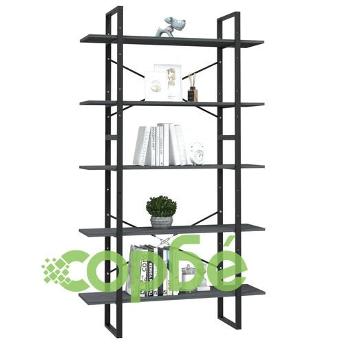 5-етажна библиотека, сива, 100x30x175 см, борово дърво масив ➤ топ цена ➤ sorbe.bg