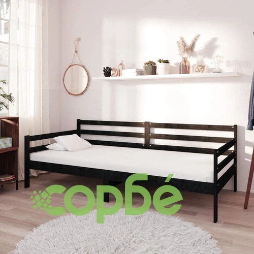 Дневно легло с матрак, 90x200 см, черно, борово дърво масив ➤ топ цена ➤ sorbe.bg