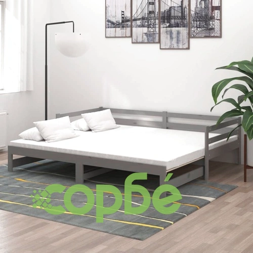 Разтегателно дневно легло 2x(90x200) см сиво борово дърво масив ➤ топ цена ➤ sorbe.bg