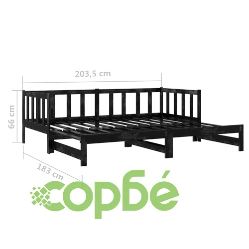 Разтегателно дневно легло, 2x(90x200) см, черно, бор масив ➤ топ цена ➤ sorbe.bg