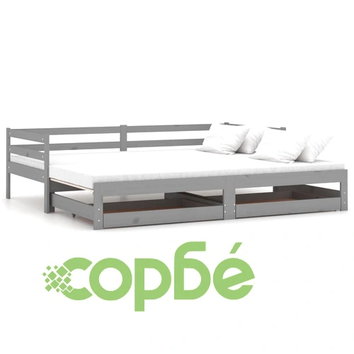 Разтегателно дневно легло 2x(90x200) см сиво борово дърво масив ➤ топ цена ➤ sorbe.bg