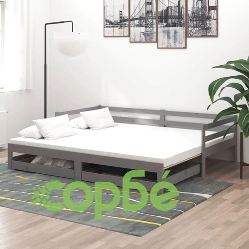Разтегателно дневно легло 2x(90x200) см сиво борово дърво масив ➤ топ цена ➤ sorbe.bg