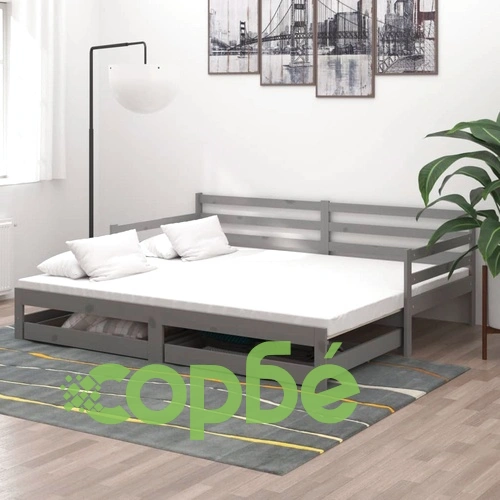 Разтегателно дневно легло 2x(90x200) см сиво борово дърво масив ➤ топ цена ➤ sorbe.bg