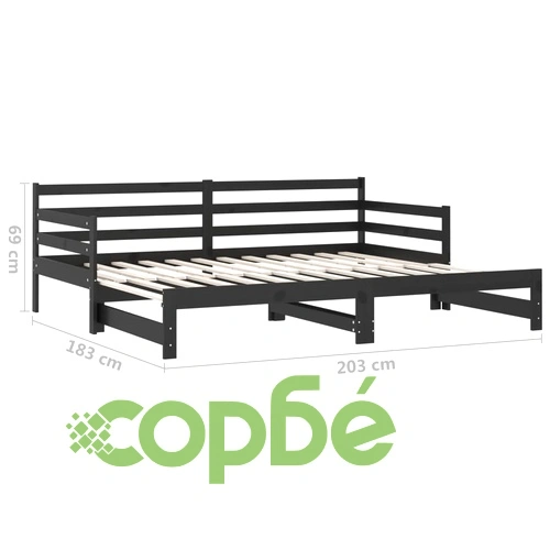 Разтегателно дневно легло, 2x(90x200) см, черно, бор масив ➤ топ цена ➤ sorbe.bg