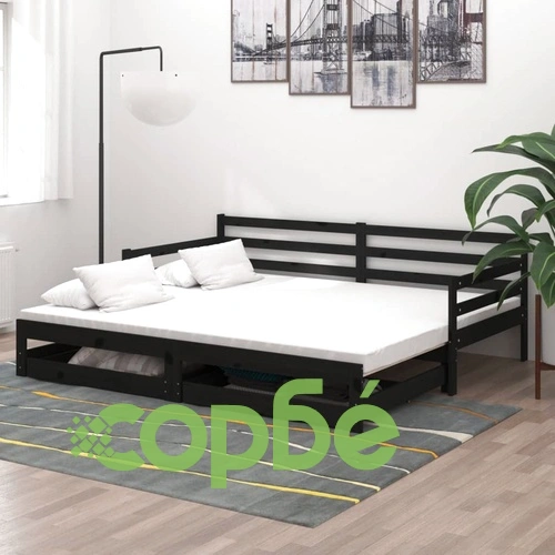 Разтегателно дневно легло, 2x(90x200) см, черно, бор масив ➤ топ цена ➤ sorbe.bg
