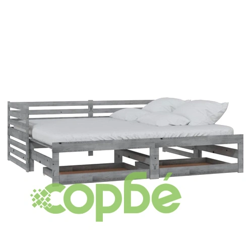 Разтегателно дневно легло 2x(90x200) см сиво борово дърво масив ➤ топ цена ➤ sorbe.bg