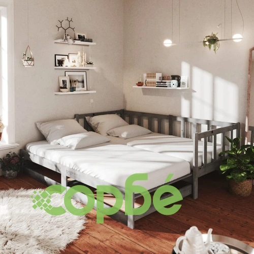 Разтегателно дневно легло 2x(90x200) см сиво борово дърво масив ➤ топ цена ➤ sorbe.bg