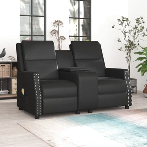 2-местен масажен реклайнер с държачи за чаши, черно, еко кожа