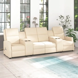 4-местен масажен реклайнер с държачи за чаши, кремаво, еко кожа