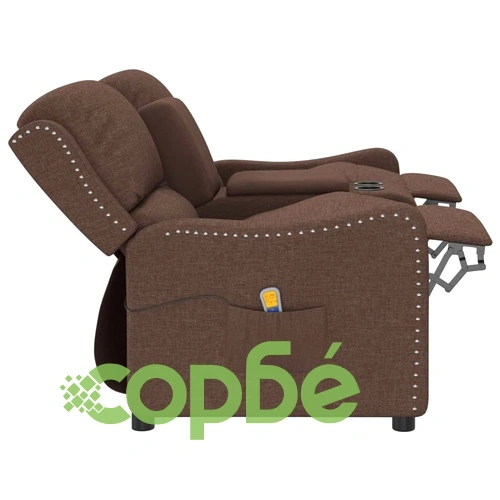 2-местен масажен реклайнер с държачи за чаши, кафяв, текстил ➤ топ цена ➤ sorbe.bg