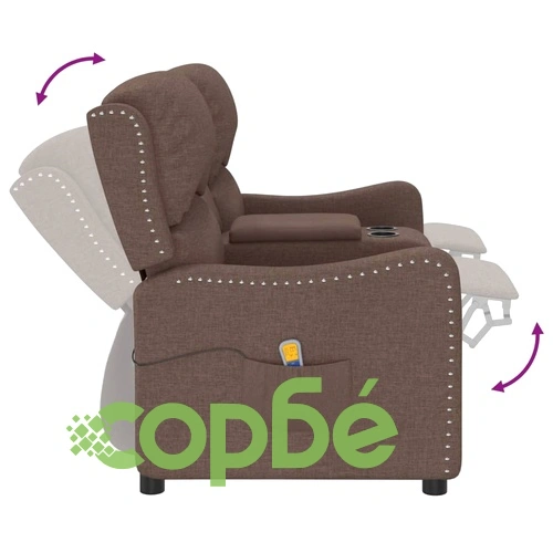 2-местен масажен реклайнер с държачи за чаши, таупе, текстил ➤ топ цена ➤ sorbe.bg