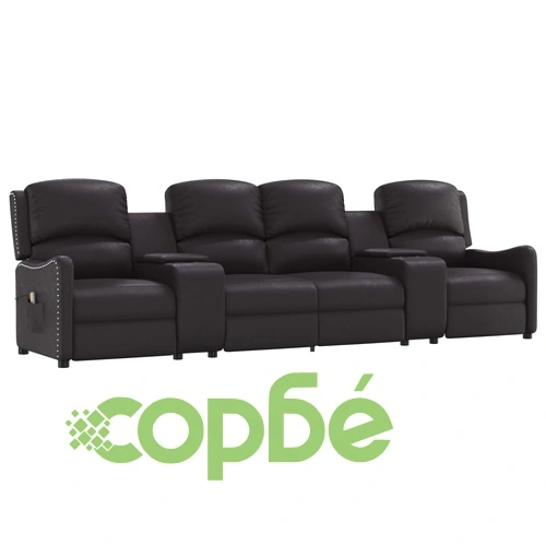 4-местен масажен реклайнер с държачи за чаши, черно, еко кожа ➤ топ цена ➤ sorbe.bg