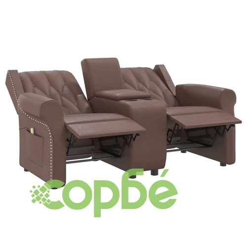 2-местен масажен реклайнер с държачи за чаши, кафяв, еко кожа ➤ топ цена ➤ sorbe.bg