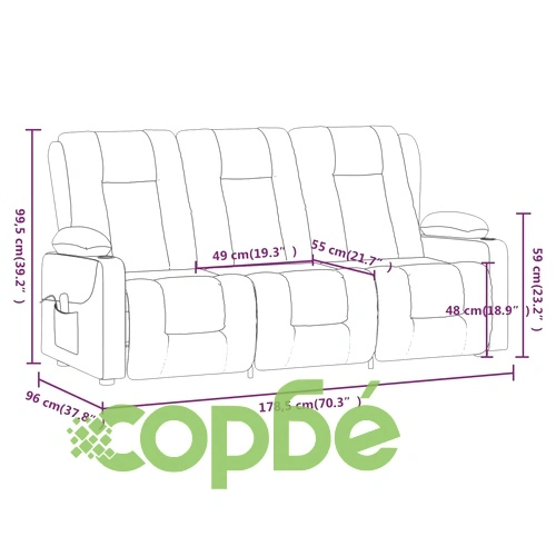 3-местен масажен реклайнер с държачи за чаши светлосив текстил ➤ топ цена ➤ sorbe.bg
