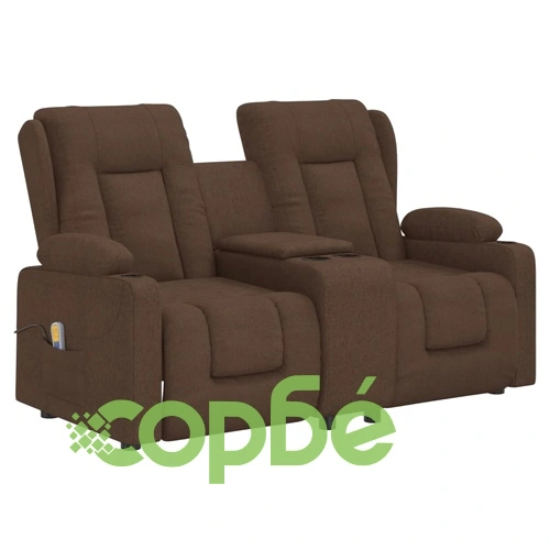2-местен масажен реклайнер с държачи за чаши, кафяв, текстил ➤ топ цена ➤ sorbe.bg