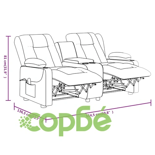2-местен масажен реклайнер с държачи за чаши, кафяв, текстил ➤ топ цена ➤ sorbe.bg