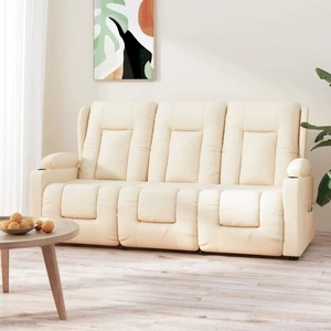 3-местен масажен реклайнер с държачи за чаши, кремав, еко кожа