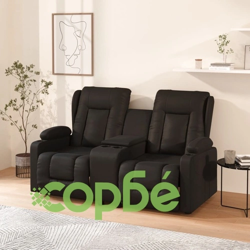 2-местен масажен реклайнер с държачи за чаши, черен, еко кожа ➤ топ цена ➤ sorbe.bg