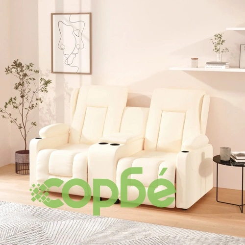 2-местен масажен реклайнер с държачи за чаши, кремав, еко кожа ➤ топ цена ➤ sorbe.bg