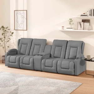 4-местен масажен реклайнер с държачи за чаши, сив, еко кожа