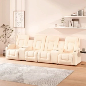 4-местен масажен реклайнер с държачи за чаши, кремаво, еко кожа