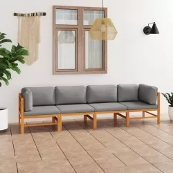 4-местен градински диван със сиви възглавници, тик масив
