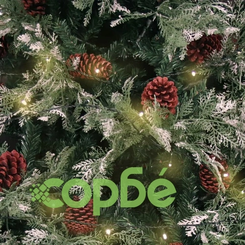 Осветена коледна елха с шишарки, зелен и бял, 195 см, PVC и PE ➤ топ цена ➤ sorbe.bg